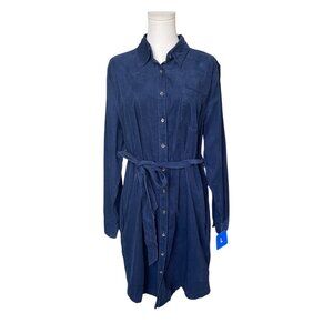 Lands End Navy Blue Corduroy Shirt Dress Size L NWT Belted Casual Long Sleeve